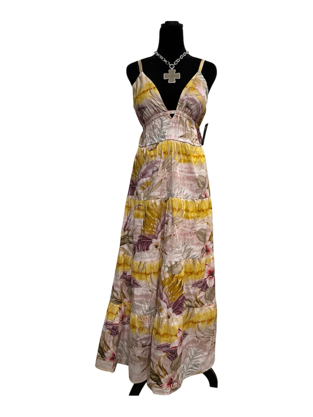 Guess Floral Tiered Maxi Dress in Yellow & Pink